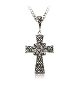 Sterling Silver & Marcasite Stones Flared Cross Necklace