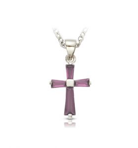 Sterling Silver and Glass Crystal February 
Birthstone Baguette Cross Necklace