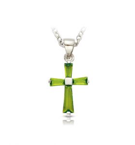 Sterling Silver and Glass Crystal August Birthstone Baguette Cross Necklace - 5/8"