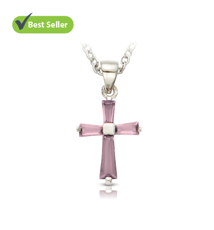 Sterling Silver and Glass Crystal October Birthstone Baguette Cross Necklace