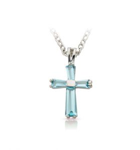 Sterling Silver March Birthstone 
Baguette Cross Necklace