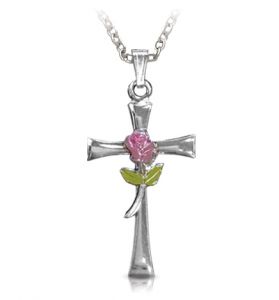 Sterling Silver Enameled Rose Cross Necklace