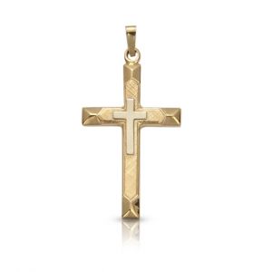 14K Etched Beveled Pendant with 
Center Cross Overlay