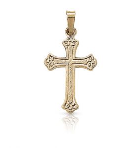 14K Gold Cross Pendant in a Budded Design with Scroll Ends