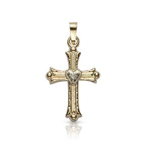 14K Gold Cross Pendant in a Budded Ends Design with Centered Heart