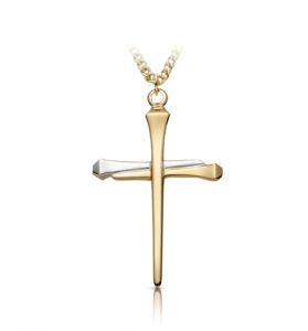 14K Gold Over Sterling Silver Two Tone Nail Cross Necklace 1 3/8"