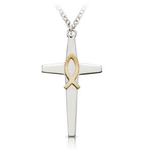 Two Tone Sterling Silver Tapered Design with Ichthys Cross Necklace