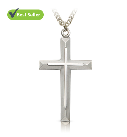 Sterling Silver Cross Necklace in a Beveled Design