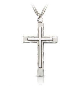 Sterling Silver Diamond Engraved Inner Cross Necklace