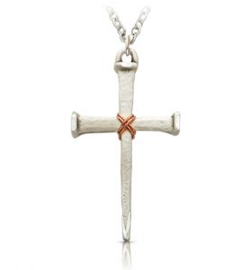 Sterling Silver Nail with Copper Rope Center Cross Necklace - 1 5/8"