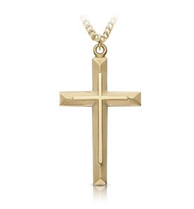 14K Gold Cross Necklace with Beveled Design