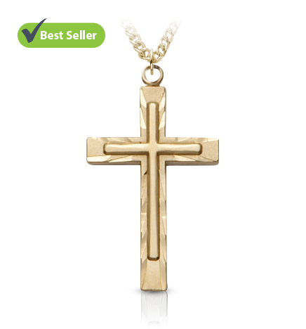 14K Gold Plated Over Sterling Silver Diamond Engraved Inner Cross Necklace