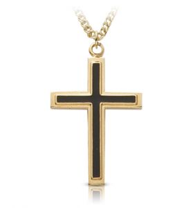 14K Gold Plated Over Sterling Silver Black Enameled with Raised Border Cross Necklace