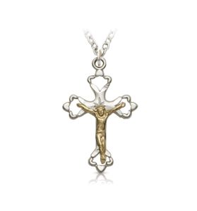 Sterling Silver Crucifix Necklace with White Pearl Heart Design