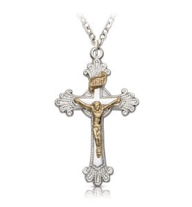 Two-Tone Sterling Silver Budded Ends Crucifix Necklace