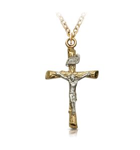 Two-Tone Gold Plated Over Sterling Silver Wooden Log Crucifix Necklace