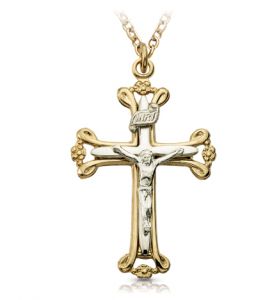 14K Gold Crucifix Necklace in Budded Design - 1"