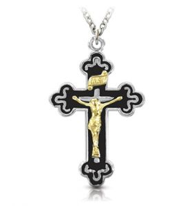 Two-Tone Sterling Silver Budded Ends Black Enameled Crucifix Necklace