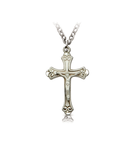 Sterling Silver Decorative Scroll Crucifix Necklace