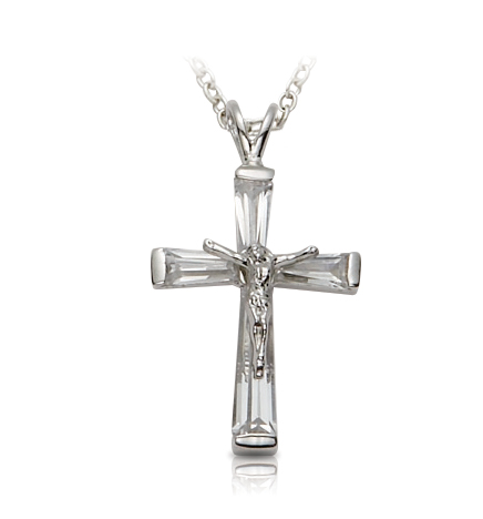 Sterling Silver Crystal Baguette with Polished Ends Crucifix Necklace