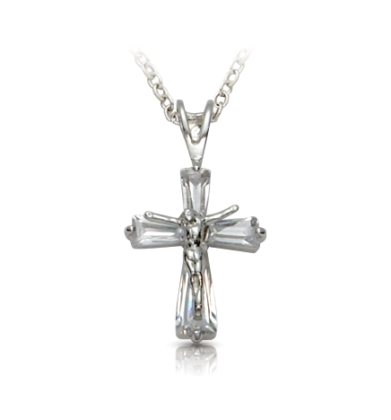 Sterling Silver Crystal Baguette Crucifix Necklace