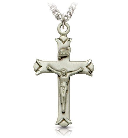 Sterling Silver V-Ends with Diamond Drag Engraved Accents Crucifix Necklace