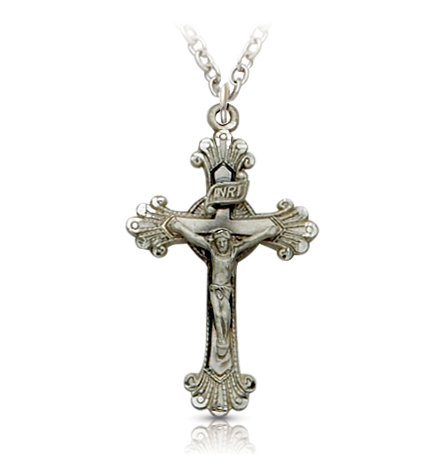 Sterling Silver Budded Ends with Engraved Accents Crucifix Necklace