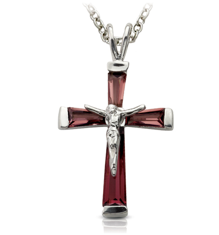 Sterling Silver and Glass Crystal January Birthstone Baguette Crucifix Necklace