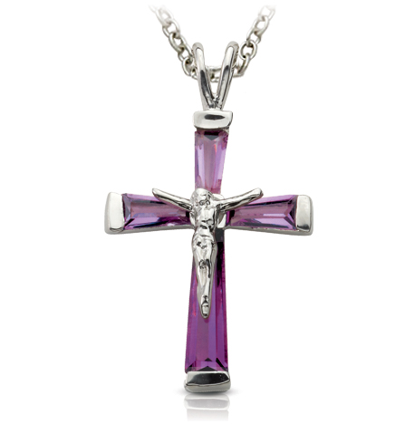 Sterling Silver and Glass Crystal February Birthstone Baguette Crucifix Necklace