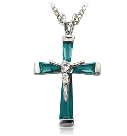 Sterling Silver and Glass Crystal March Birthstone Baguette Crucifix Necklace