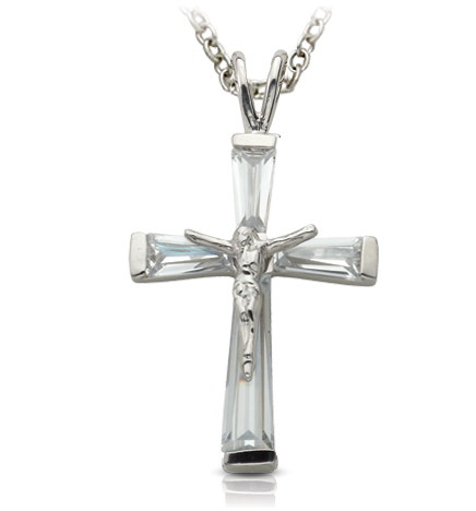 Sterling Silver and Glass Crystal April Birthstone Baguette Crucifix Necklace