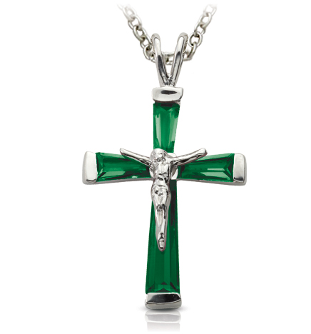 Sterling Silver and Glass Crystal May Birthstone Baguette Crucifix Necklace