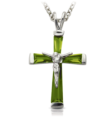 Sterling Silver and Glass Crystal August Birthstone Baguette Crucifix Necklace