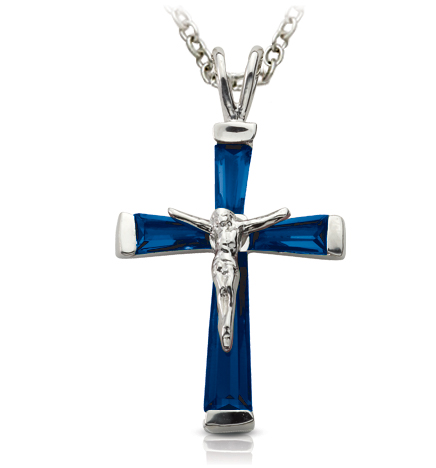 Sterling Silver and Glass Crystal September Birthstone Baguette Crucifix Necklace