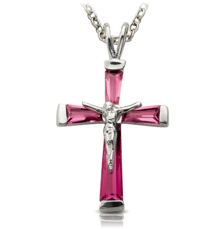 Sterling Silver and Glass Crystal October Birthstone Baguette Crucifix Necklace