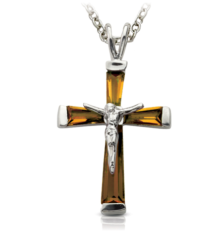 Sterling Silver and Glass Crystal November Birthstone Baguette Crucifix Necklace