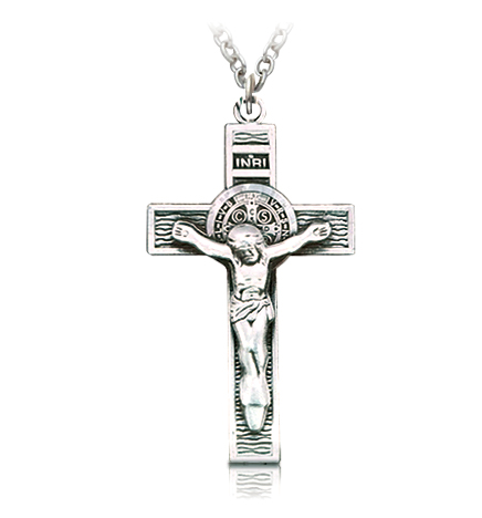 Sterling Silver Antiqued St. Benedict Crucifix Necklace