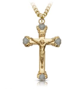 14KT Gold Plated Over Sterling Silver White Pearl Crucifix Necklace