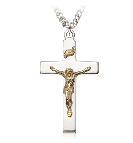 Two-Tone Sterling Silver Polished Crucifix Necklace