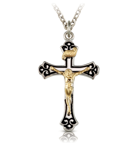 Two-Tone Sterling Silver Antique Style Crucifix Necklace