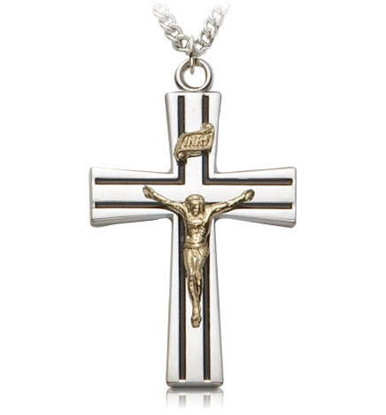 Two-Tone Sterling Silver Lined Black Enameled Crucifix Necklace