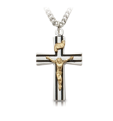 Two-Tone Sterling Silver Black Enameled Crucifix Necklace