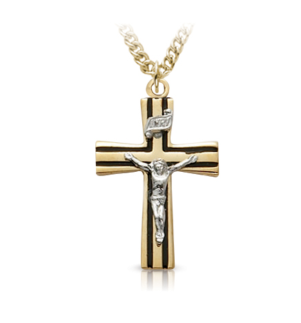 Two-Tone 14K Gold Plated Black Enameled Crucifix Necklace