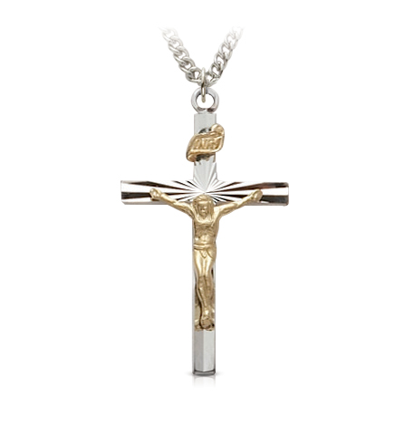 Two-Tone Sterling Silver Starburst Crucifix Necklace