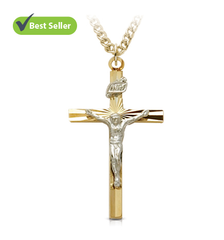 Two-Tone 14K Gold Plated Starburst Crucifix Necklace