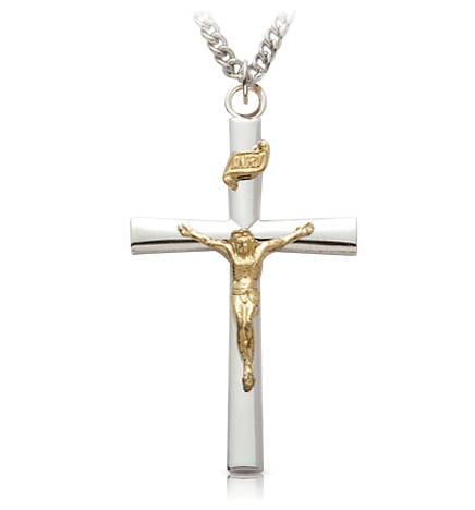 Two -Tone Sterling Silver Crucifix Necklaces in a Flared Design - 1 1/8" 