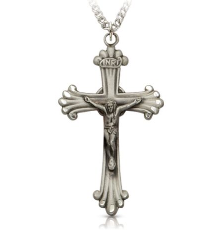 Sterling Silver Antique Scroll Ends Crucifix Necklace