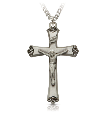 Sterling Silver Decorative Budded Ends Crucifix Necklace