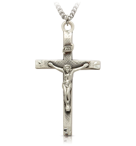 Sterling Silver Crucifix Necklace with 
Brushed Finish - 1 1/8"