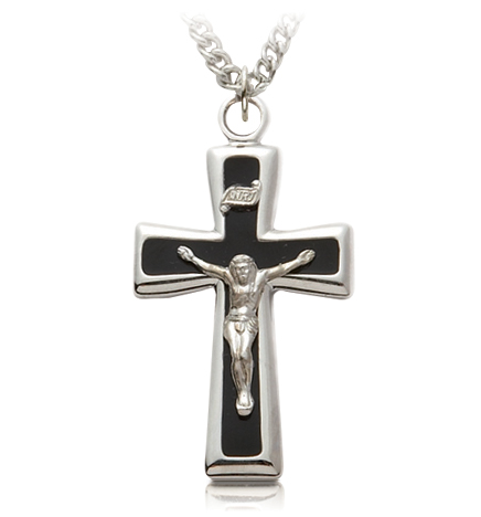 Sterling Silver Black Enameled Crucifix Necklace